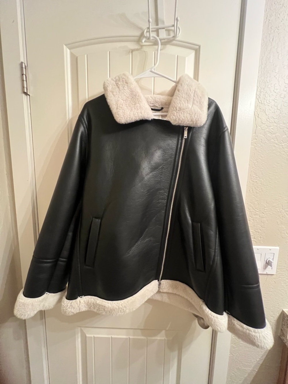 Women’s Black Faux Leather Shearling Jacket with Cream Trim